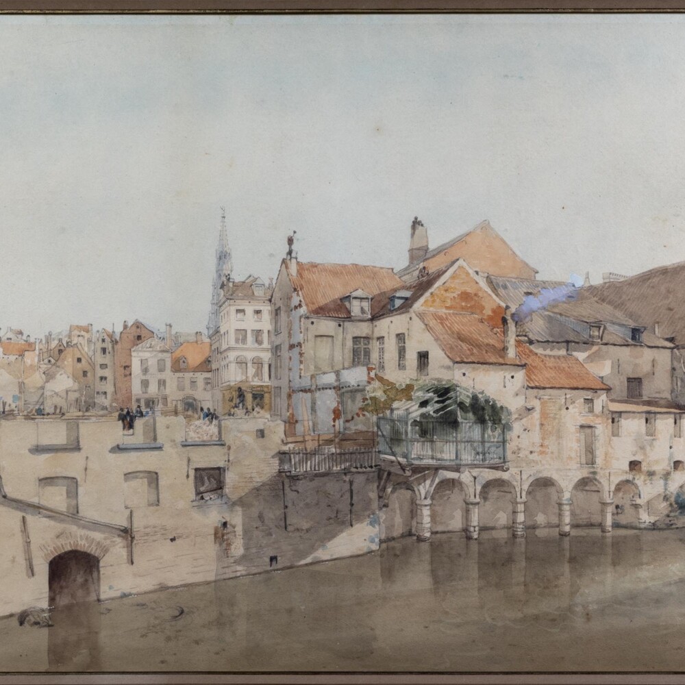 Van Moer, J.B. (1868) "Zicht op de Zenne en de herberg Den Beer vanop de Middeleerbrug" Musea van de Stad Brussel