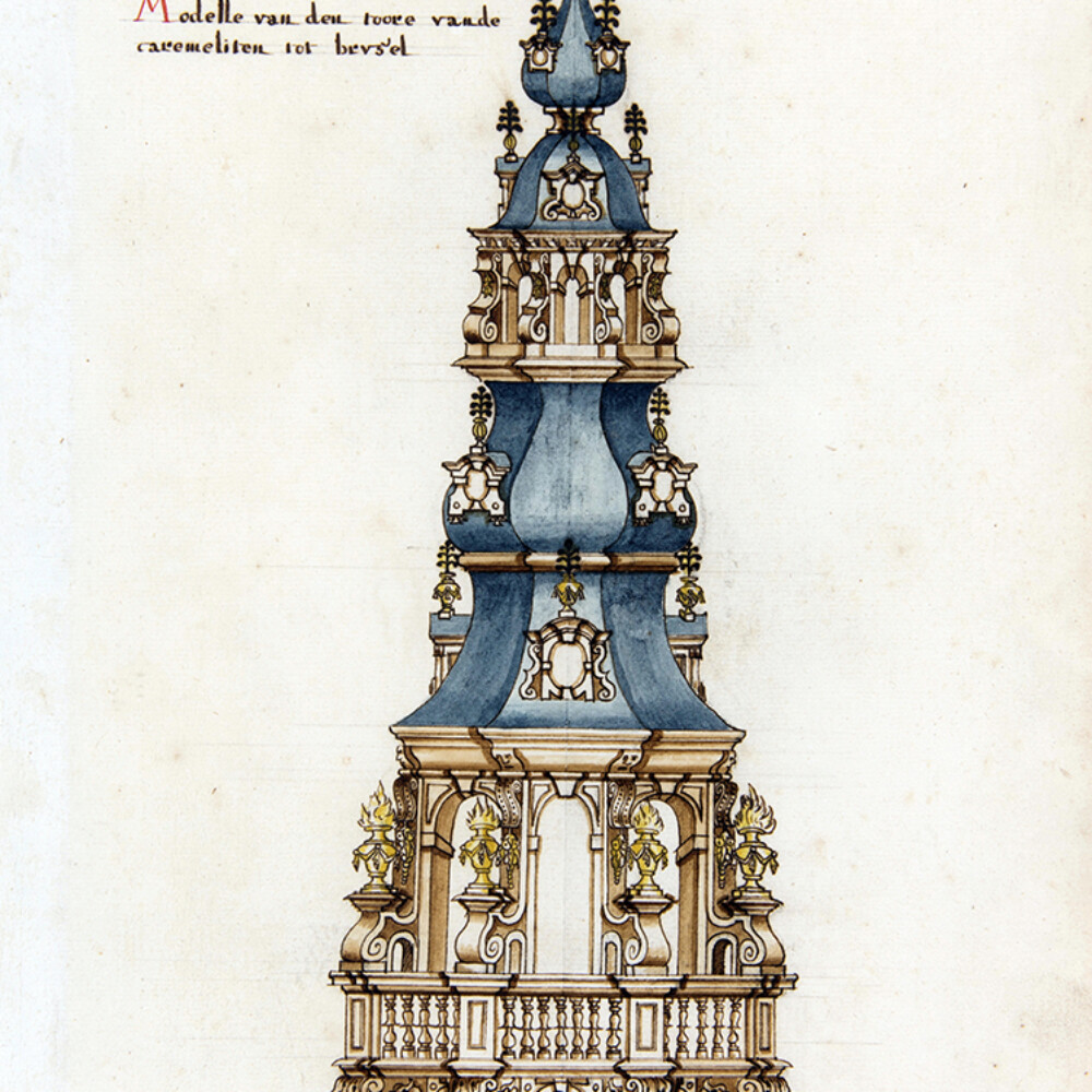 Unknown. (1600s) "Modelle van den toore vande carmeliten tot brussel (Architectural drawing of the tower of the carmelite monastery of Brussels)" Wikimedia Commons (image)