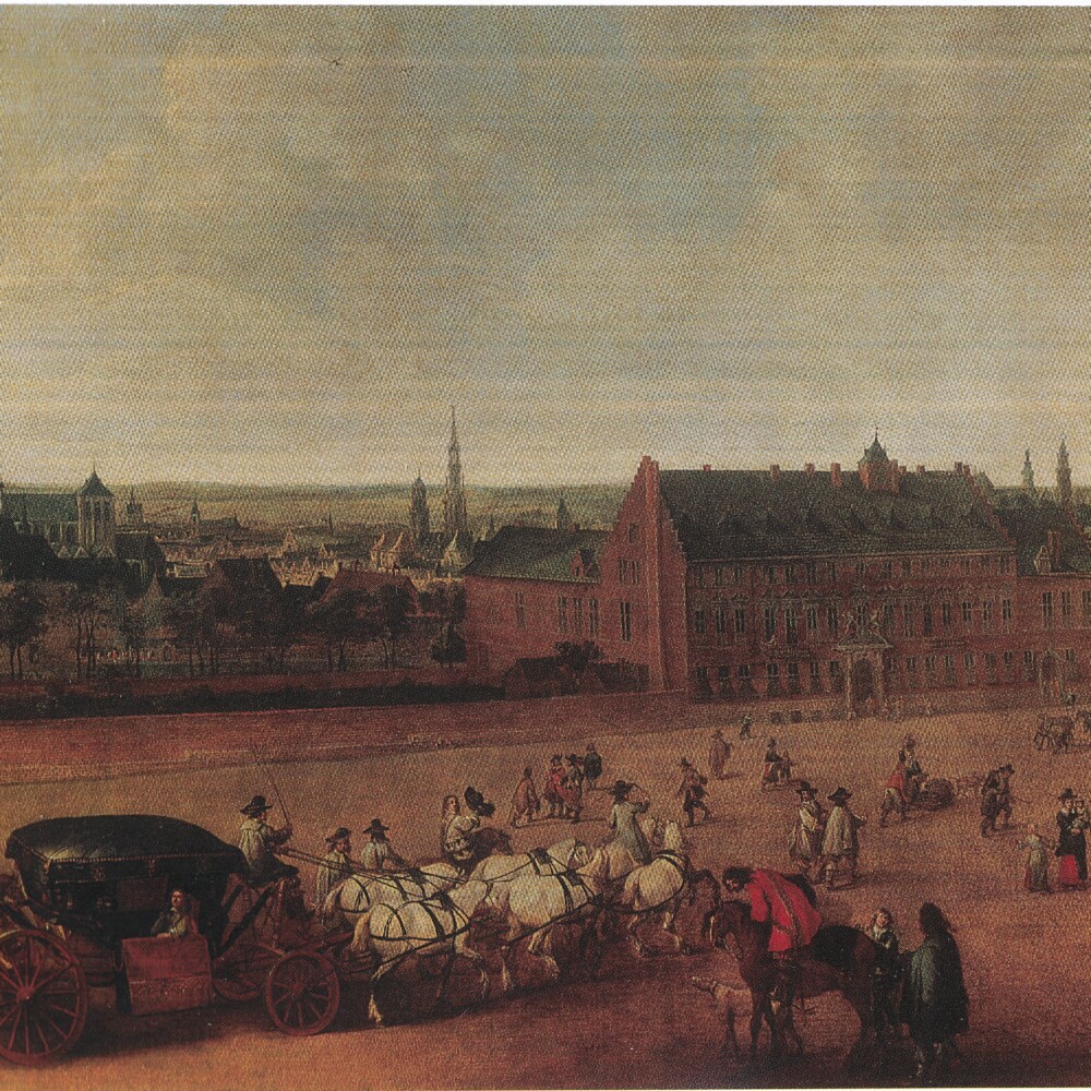 Snayer, P. (1649/1650) "The Duke of Bournonville in his carriage before his palace in Brussels" KMSKB, Brussels (image) - You can see the two-towered Kapellekerk in the left.