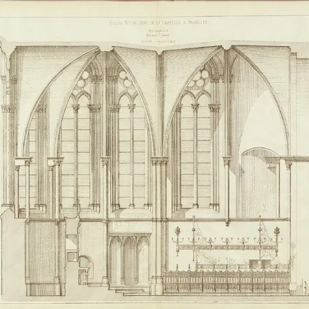 City of Brussels. (1867-1869) "Longitudinal section of the choir carried out as part of the restoration work by Victor Jamaer, Collection iconographique (Album IX-20)" Archives de la Ville de Bruxelles (image)
