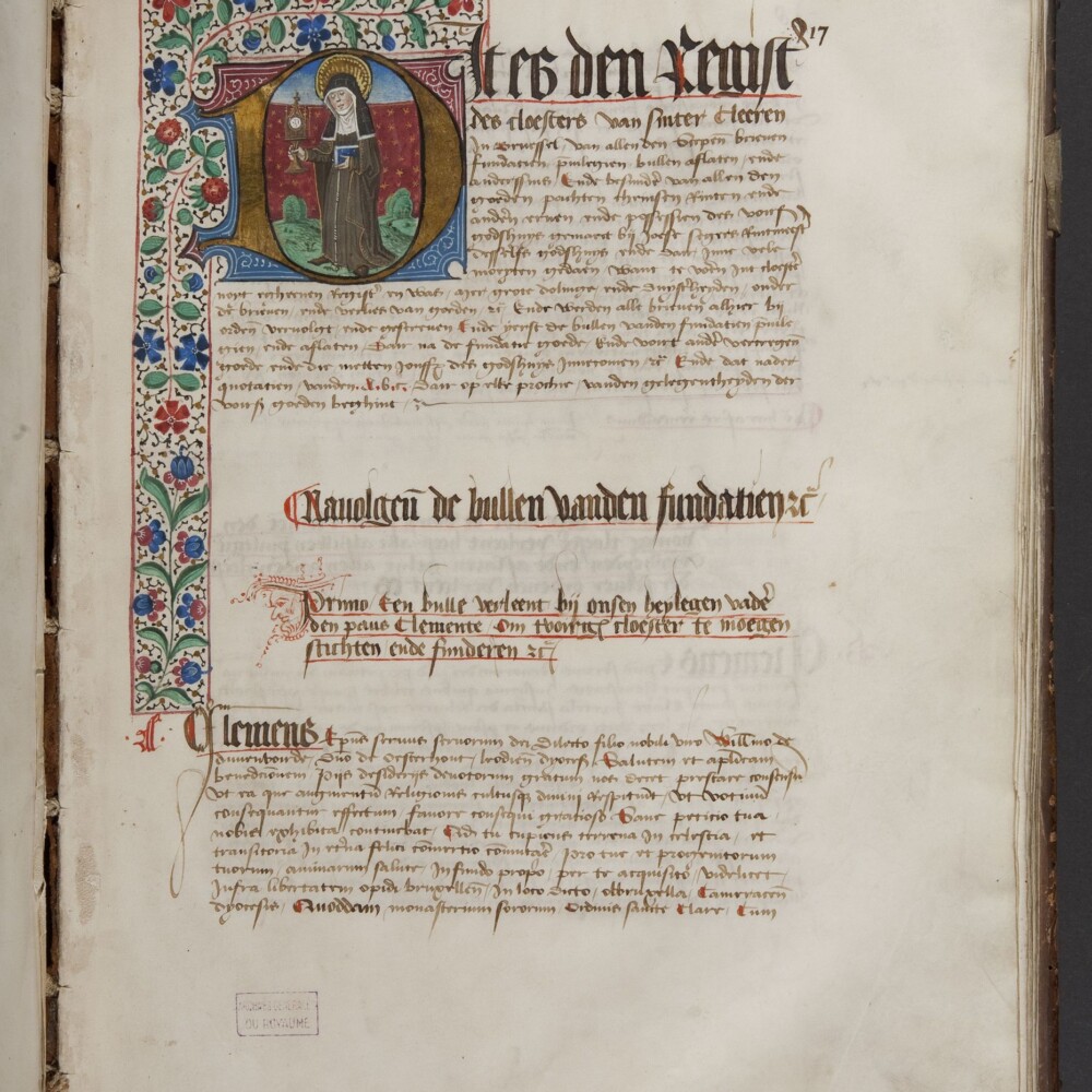 Gielemans, Johannes. (1475) "Cartulaire des Urbanistes ou Riches Claires de Bruxelles" Archives de l'Etat à Anderlecht (image)